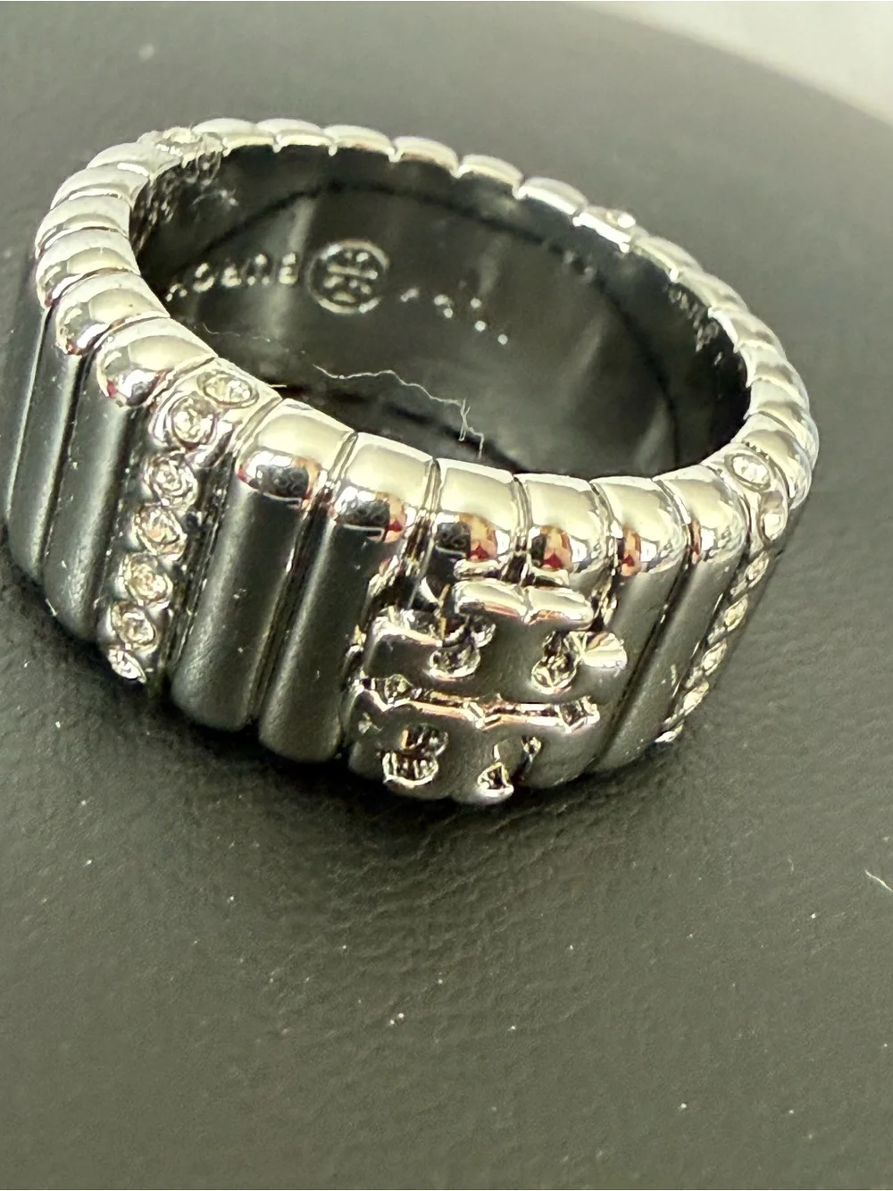 Tory Burch | Silver Logo & Pave Crystal Ring | Size 8